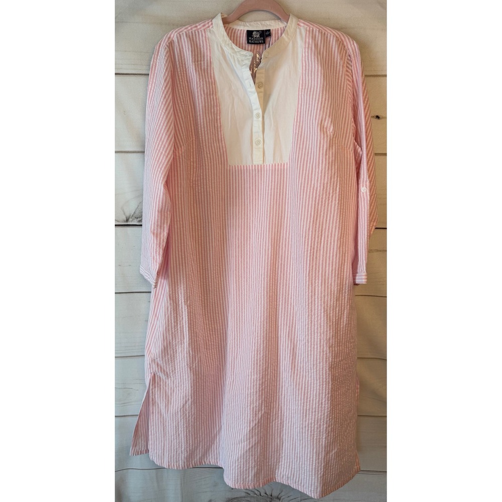 Madison Mathews Pink Seersucker Striped Tunic Dress White Bib Cotton Womens L
